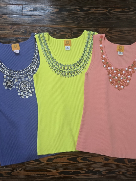Ruby Rd. Tops - Ruby Rd Lot 3 Beaded Neckline Ribbed Knit Tank Tops Bundle Blue Yellow Pink